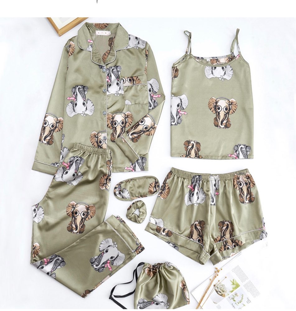 Jamron Damen 7PCS Satin Pyjama Set Frühling Sommer Herbst Tops & Kurze
