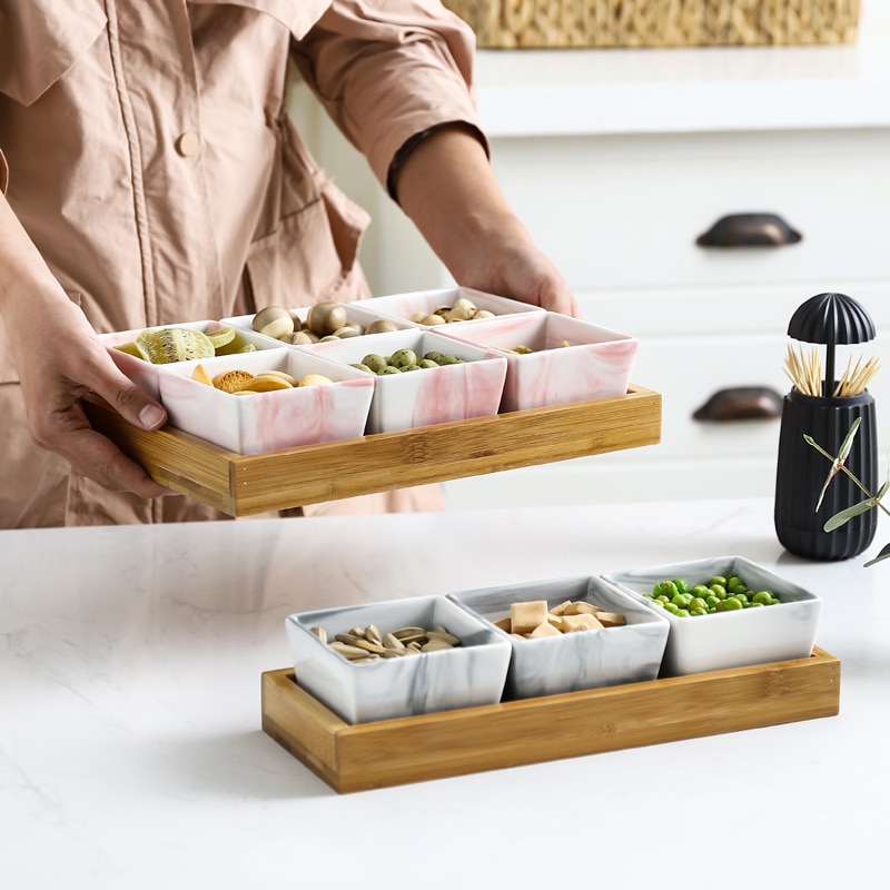 Marmor fruktfat keramik fat tallrik porslin snacks godis nötter desserter eko naturlig serverings bambu bricka set salladsskål
