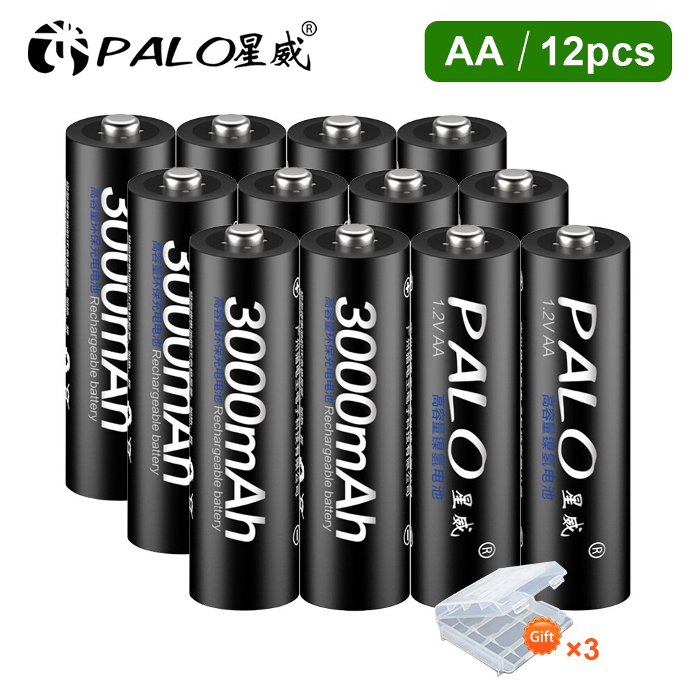 PALO AA Rechargeable battery aa 1.2v Ni-MH AA Batteries Rechargeable Battery 2A batteria for Led flashlight battery: 12Pcs AA
