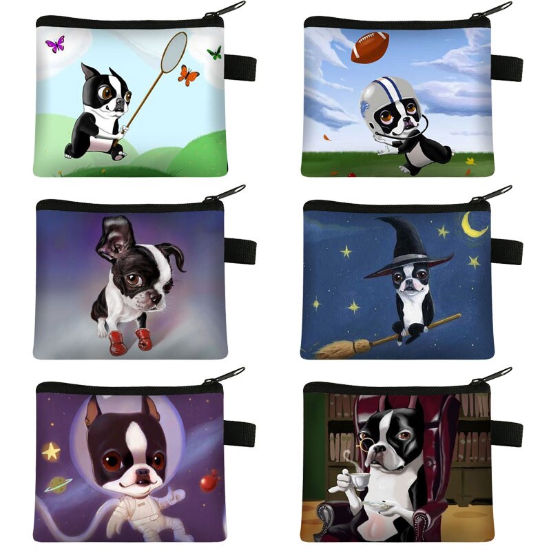 Mini cartera con estampado de Boston Terrier para mujer, cartera con Llavero perro de dibujos animados y cremallera, monedero con estampado de lápiz labial