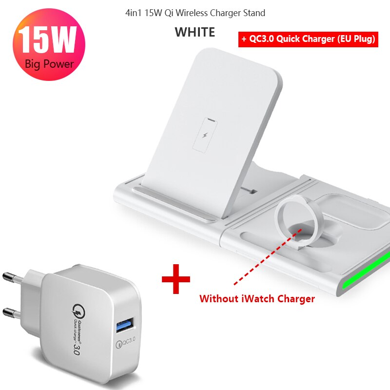 4in1 15W Wireless Charger Splicing Stand Holder for Apple Watch 5 4 3 iPhone 11 Xs Max Airpods Pro/2 Fast Charging for Samsung: White QC3.0 Charge