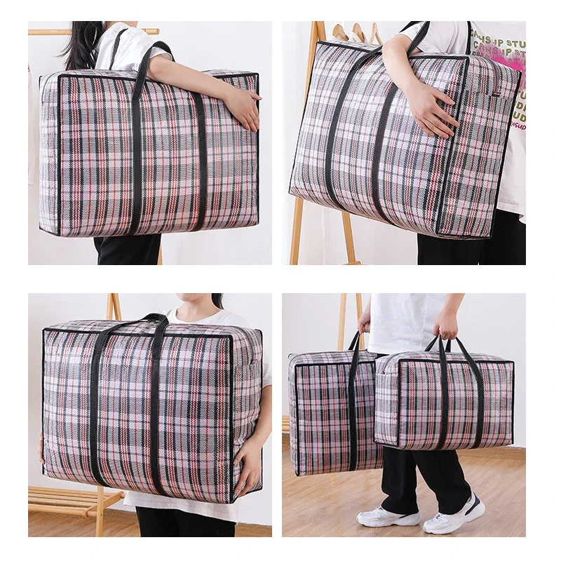 Bolsa tejida a rayas, almacenamiento de gran capacidad, bolsas móviles, ropa, colcha, manta, paquete de embalaje de equipaje, bolso con cremallera, organizador para el hogar