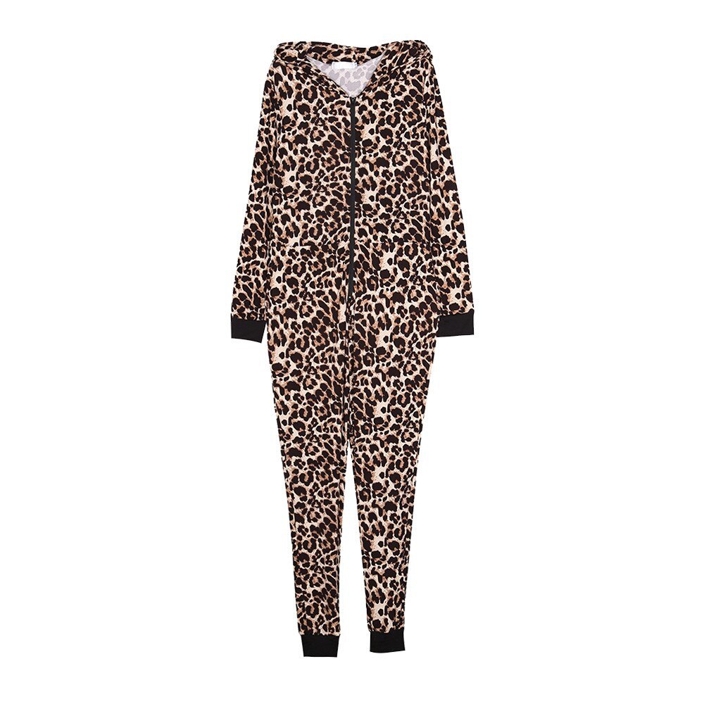 Centuryestar Leopard Printing Home Jumpsuit Tracksuit Pajamas Onesie 95% Polyester 5% Spandex Long Sleeve Adults Onesie Women