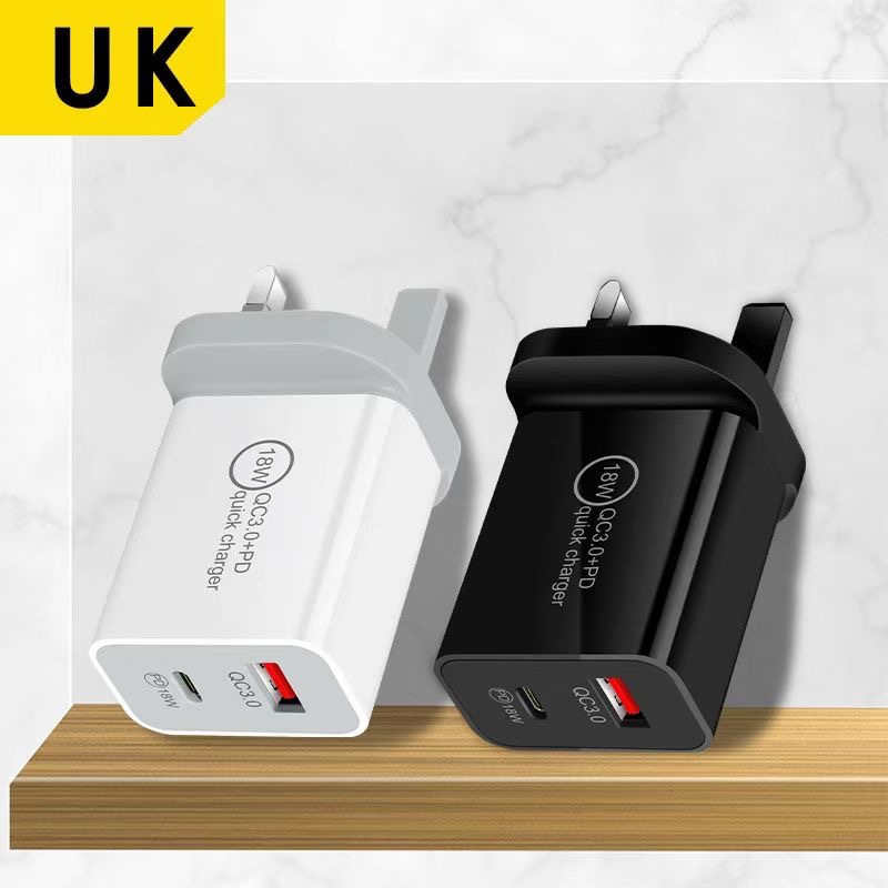 QC3.0 Pd 18W Dual-Port Fast Charger Type-C Opladen Hoofd Voor Apple Android Toegepast Snelle Lading protocollen Intelligente Lading Gan: UK