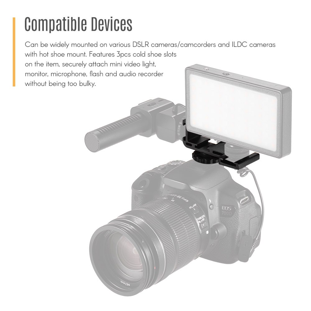 Aluminum Alloy Triple Cold Shoe Adapter Vlogging Video Extension Bar Bracket with Screw Mount for Video Camera Accessory