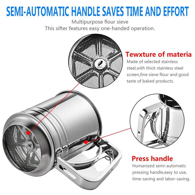 Hand-held thick stainless steel medium flour sieve powder cup sieve semi-automatic hand-held cup filter tool cake handmade sieve