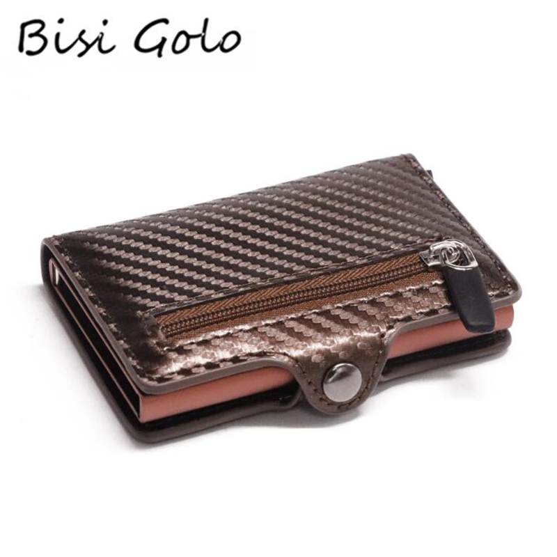 Bisi Goro Button Coin Wallet Slim Portemonnee Rfid Metalen Kaarthouder Bescherming Carbon Fiber Portemonnee Mannen Anti-Diefstal card Case