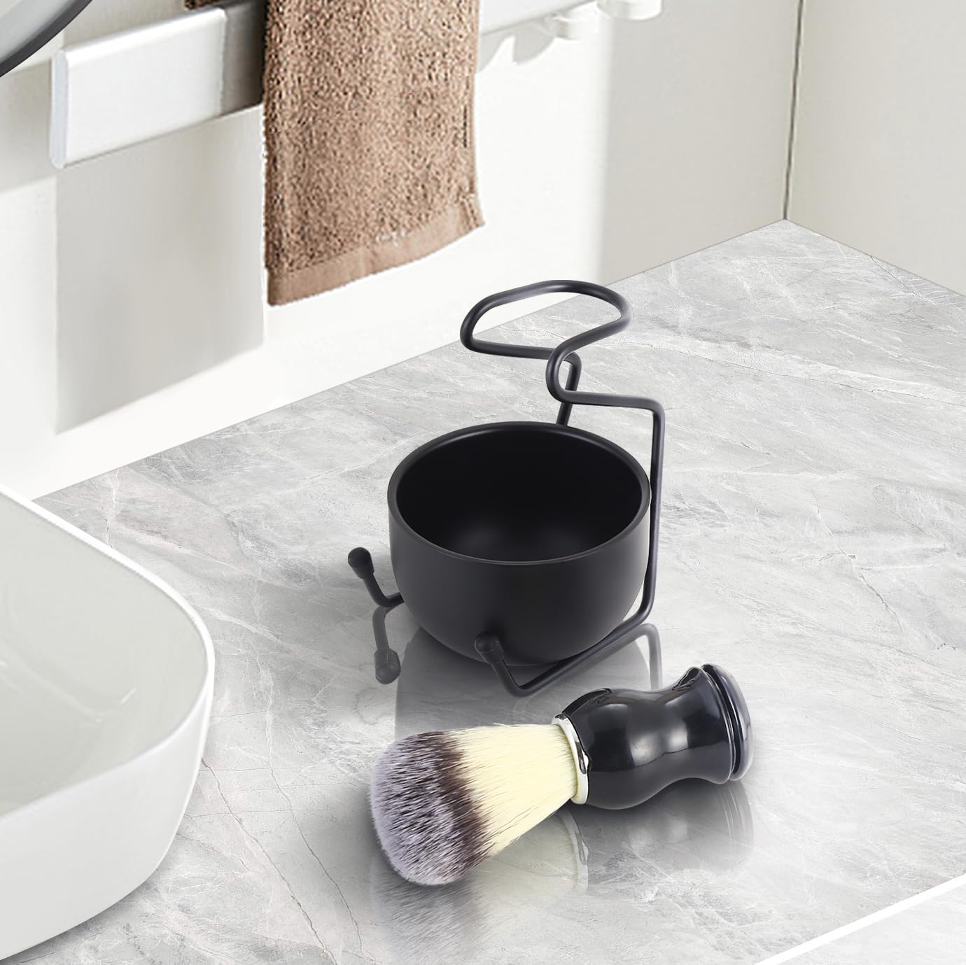 Rasierpinsel-einstellen für Männer, Rasierset, inklusive ABS-Griff, synthetischer Rasierpinsel, Rasierschale aus Edelstahl mit Halterung