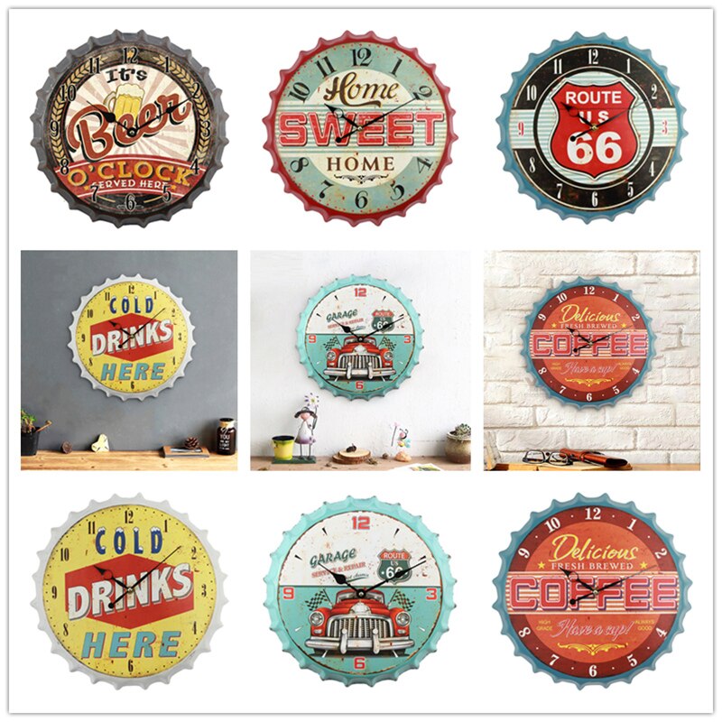 35cm Bottle Cap 3D Wall Clock Retro Beer Wine Modern Iron Metal Silent Quartz Clocks Bar Living Room Home Decor