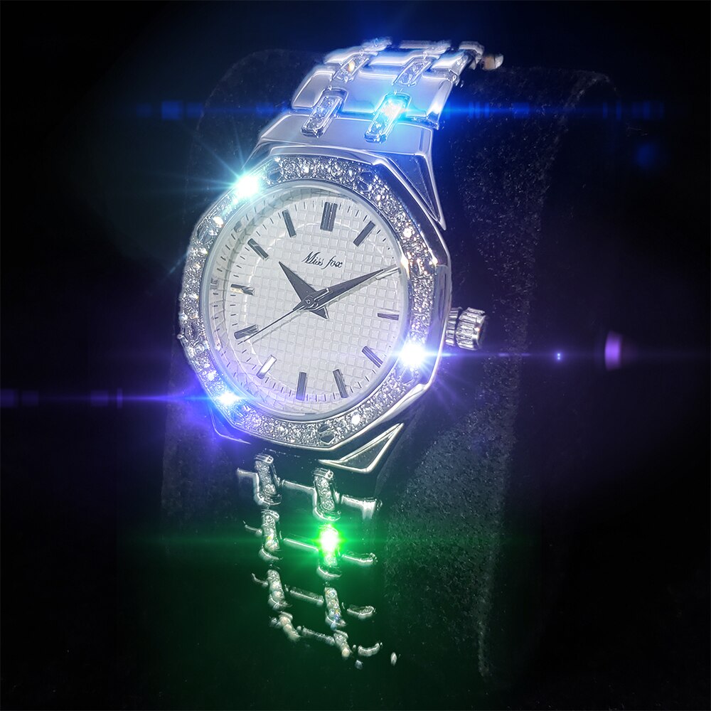 Missfox Platina Horloge Voor Gentlewoman Sieraden Band Volledige Diamond Bezel Horloge Lady Dress Waterdichte Quartz Horloges Vrouwen