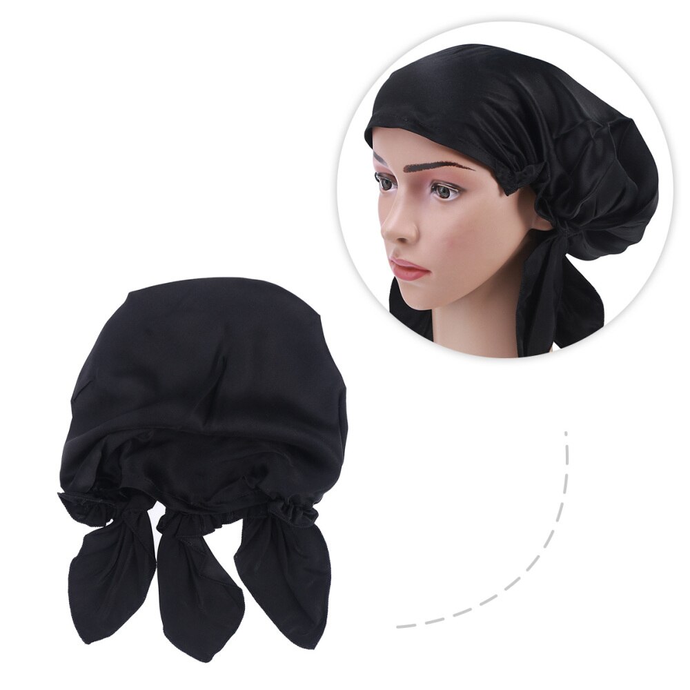 Mulberry Silk Night Sleeping Cap Long Hair Bonnet Smooth Soft Hat for Women Girls(Black)