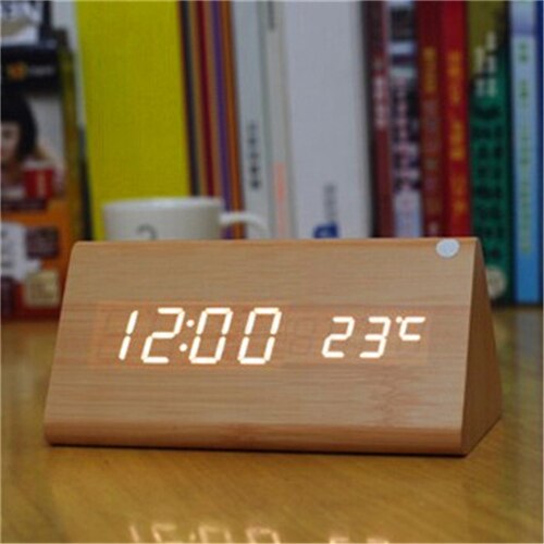 triangular wooden clock,sound control,thermometer,4 color LED display,digital desktop bedroom alarm clock on desk: bamboo clock white