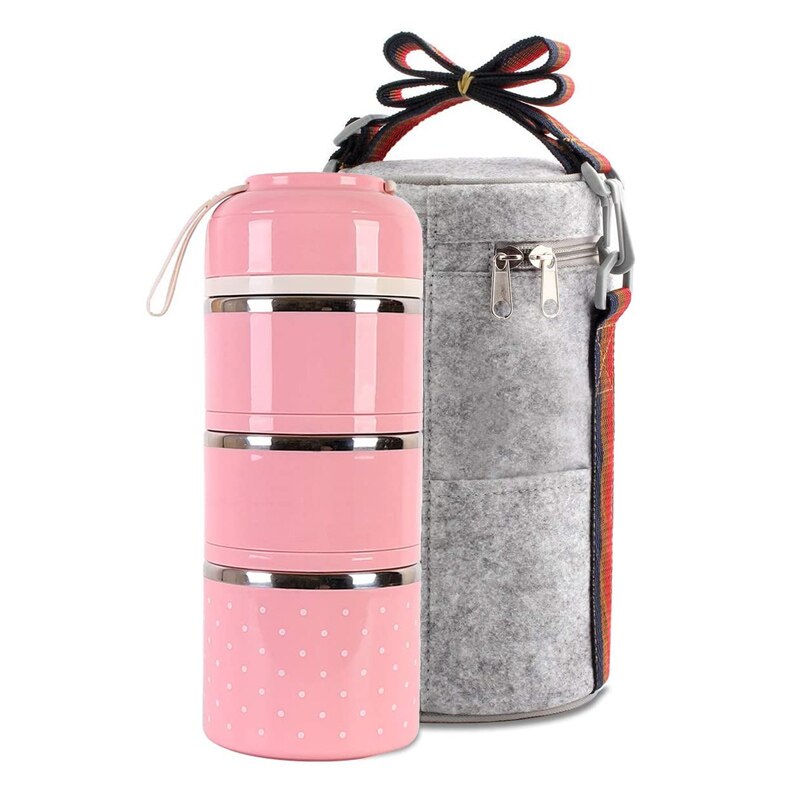 3 Tier Stainless Steel Lunchbox Insulation Food Soup Container Lunch Box Bag Portable Outdoor Bento Leak-Proof Kitchen 3 Layer: Pink