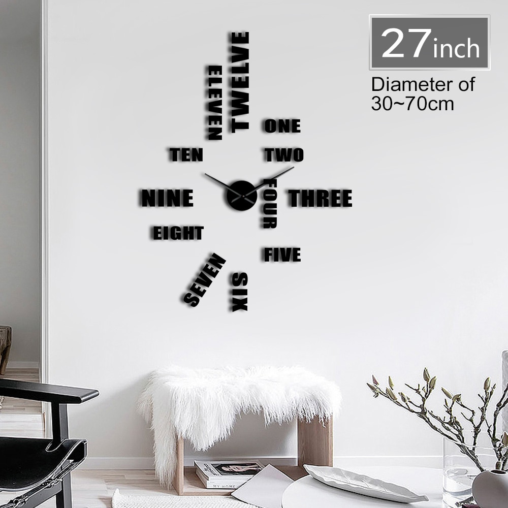 DIY English Letter Number Wall Clock Modern 3D Sticker Frameless DIY Giant Wall Clock Simple Quiet Sweep Wall Watch Decor