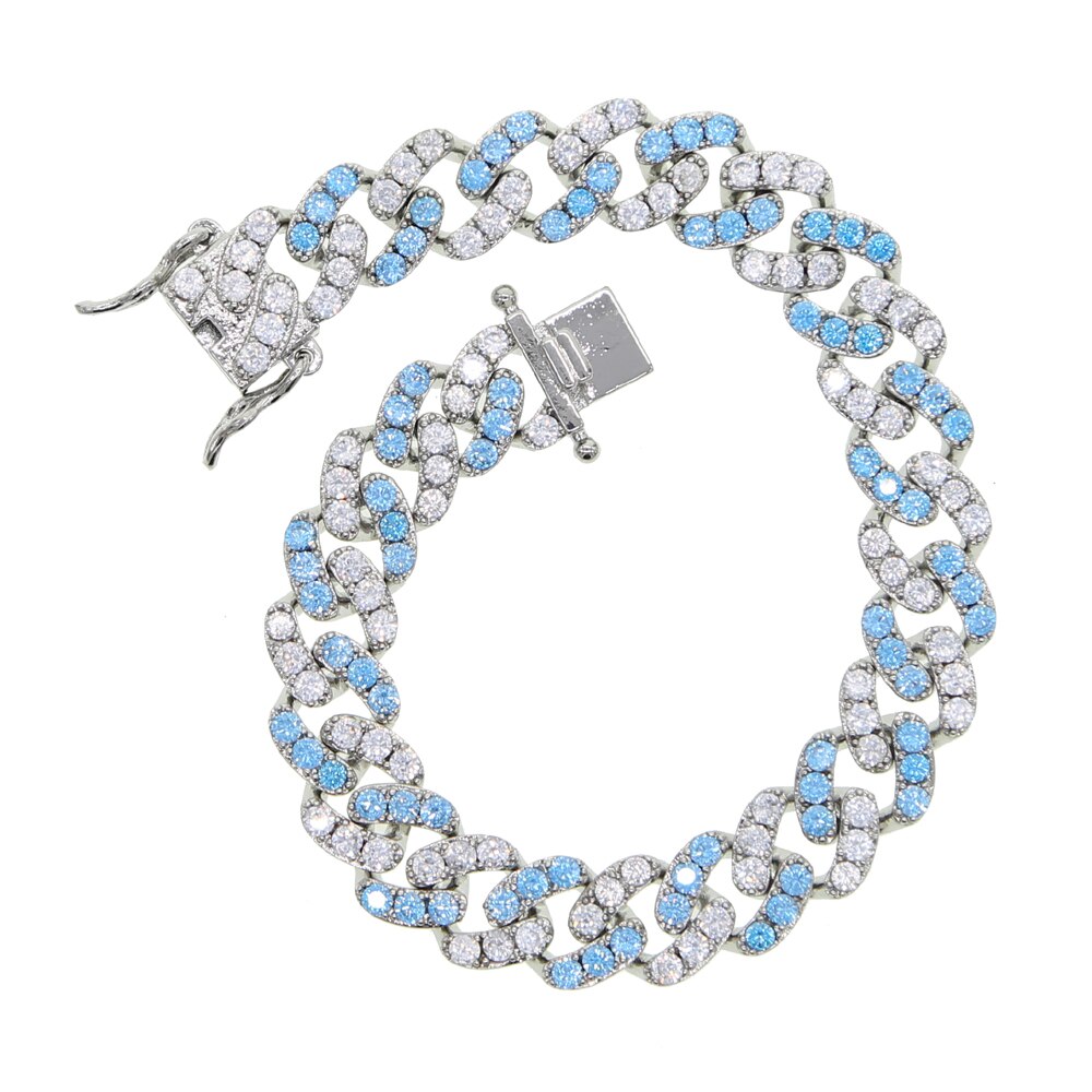 9mm width pink pinky white cubic zirconia cz Miami cuban link chain bracelet for women girl 17cm 19cm: blue white / 19cm