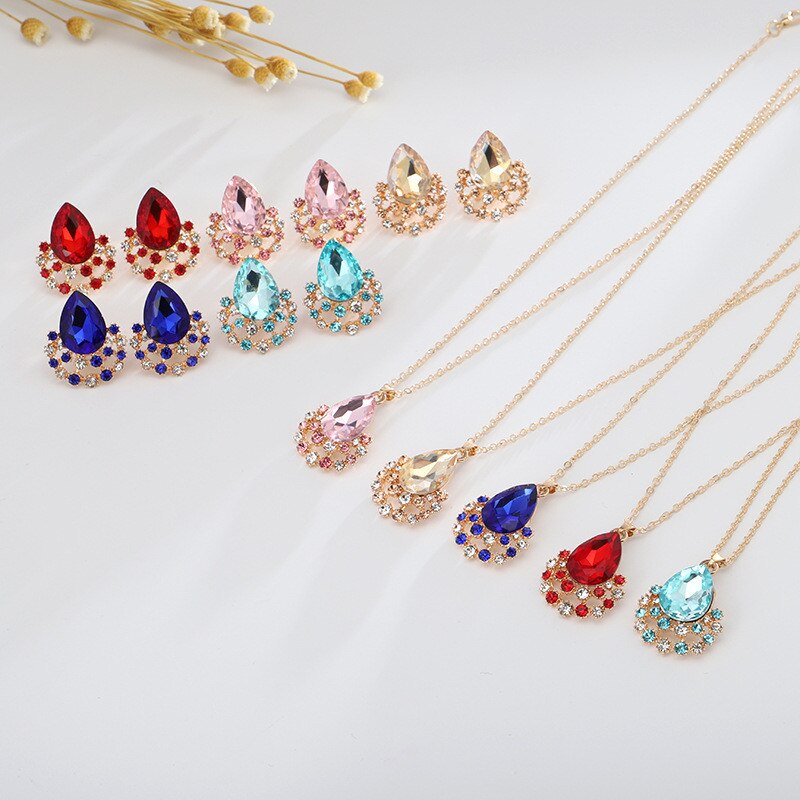 Conjunto de collar y pendientes con colgantes de cristal para mujer, conjunto de joyería nupcial, pendientes y collares de boda