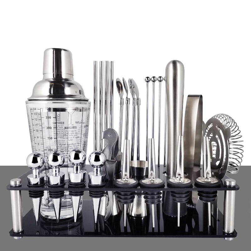 30Pcs/Set Bar Tools Wine Bottle Spoon Jigger Pourer Muddler Stopper Cocktail Shakers Boston Double Shaker With Black Stand