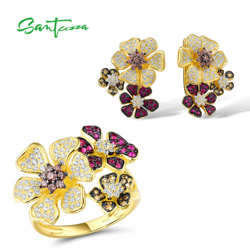 SANTUZZA 925 Silver Jewelry Set For Women Pure 925 Sterling Silver Butterfly Colorful Shiny Created Ruby White CZ Fine Jewelry