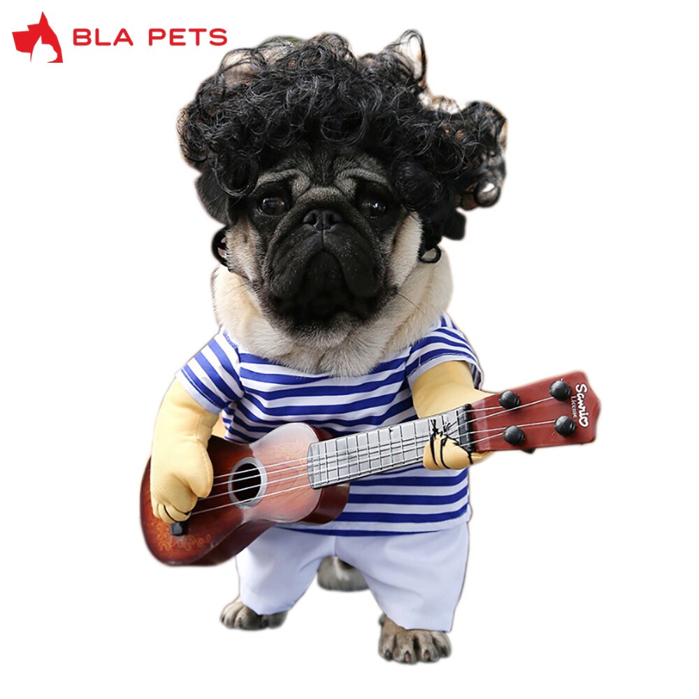 Guitarra con reproductor para mascotas, disfraz de perro, disfraz de guitarrista para de Navidad, Halloween, ropa de Año para perros y gatos, peluca grande