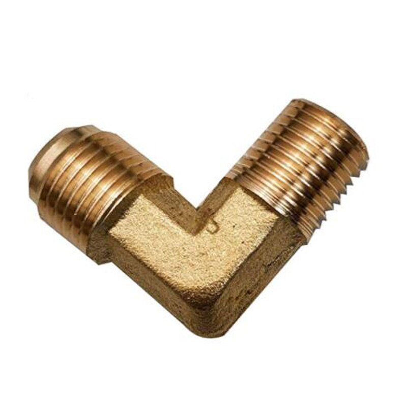 Codo de compresión de 90 grados, accesorio de latón macizo metálico de 2 piezas, 3/8 ", llamarada, conversión a acoplamiento macho NPT de 1/4"