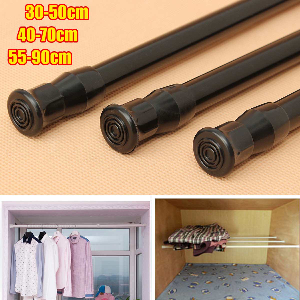 Black Extendable Adjustable Spring Tension Rail Telescopic Pole Window Curtain Shower Curtain Rod Wardrobe Bathroom Products