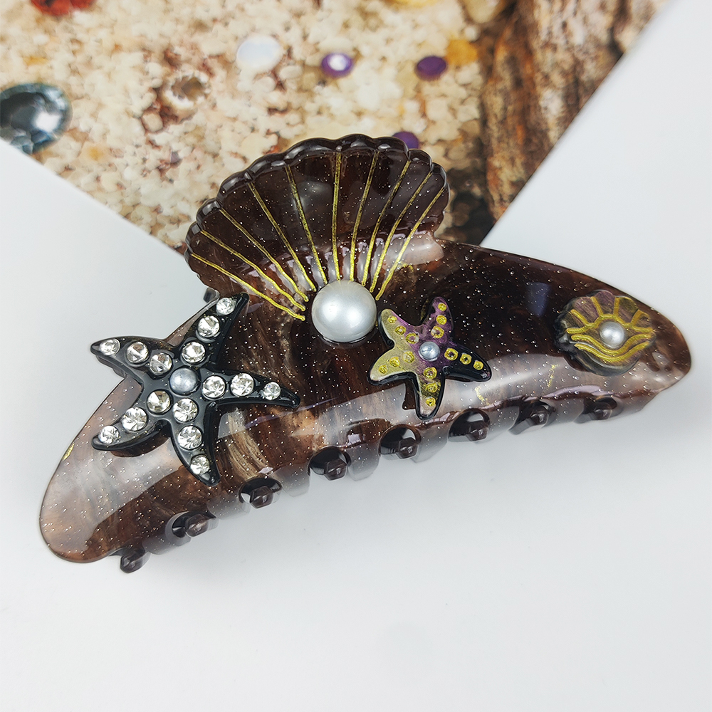 Pinzas para el cabello grandes de la serie Sea, pinzas para el cabello con concha de estrella de mar de diamante, accesorios para el cabello de acetato hechos a mano: Gris oscuro