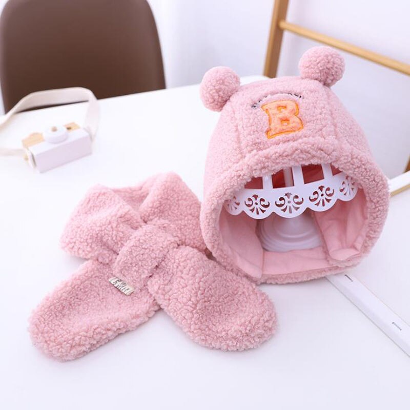 Doitbest vindtät baby barn mössa två bollar b bokstäver lammull varma pojkstickade mössor vinter 2 st pojke tjej mössa scarf set: Rosa