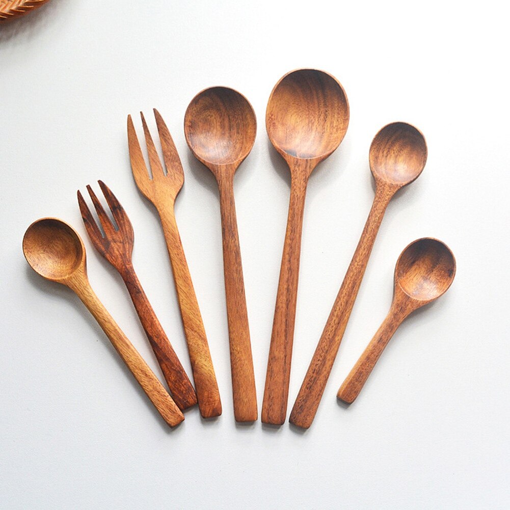 Natural Acacia Kitchen Wooden Spoon Salad Dinner Rice Serving Spoons Wood Fork Spoon Cutlery Tableware Coffee Mixing Spoon