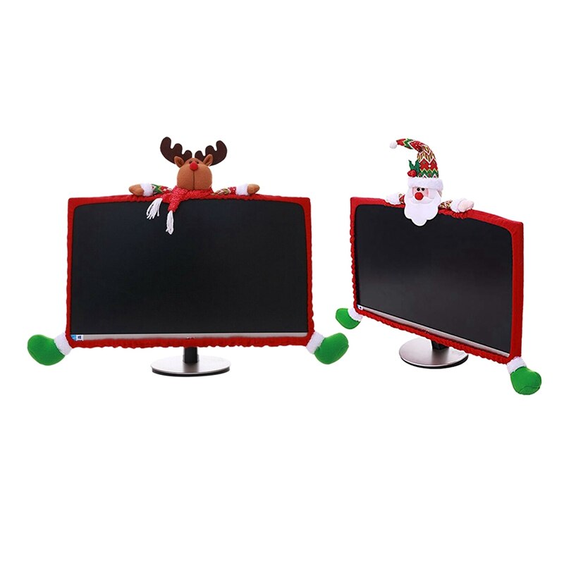 2 Pcs Christmas Computer Monitor Cover Cute Claus Decoration for Home Office , Elk & Santa