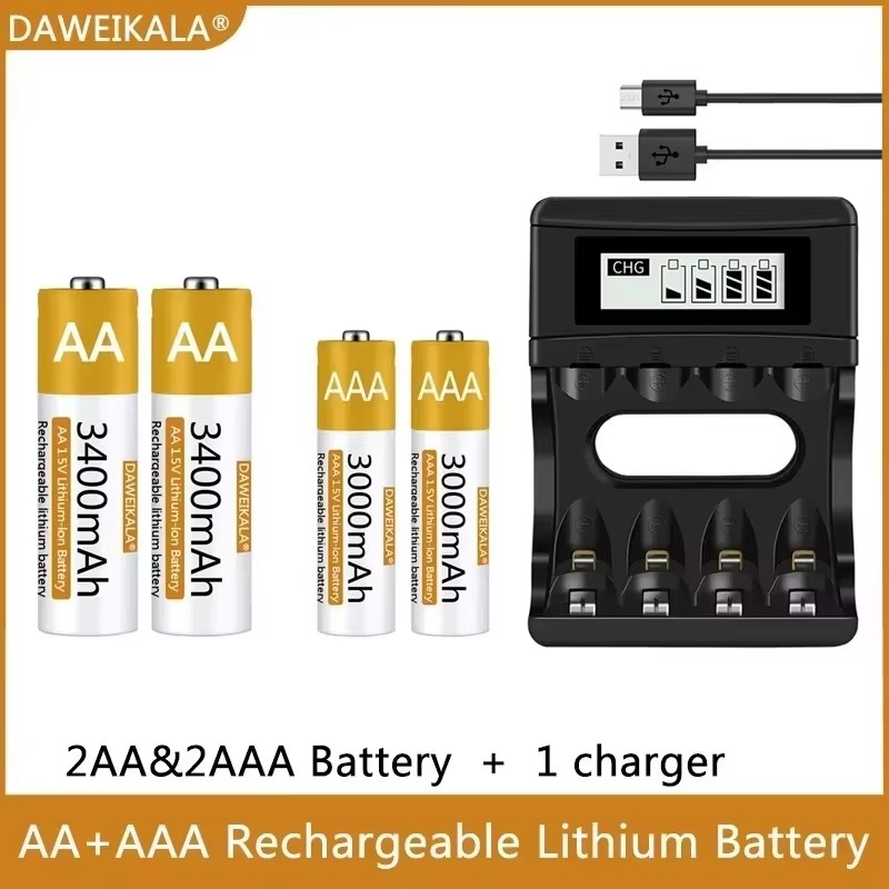 1.5v stk. aa/aaa genopladelige lithium-batterier. -100%  stk. originale polymer-li-ion-batterier med usb-oplader. hurtigopladning, lang levetid til legetøj/genbrug.: Himmelblå