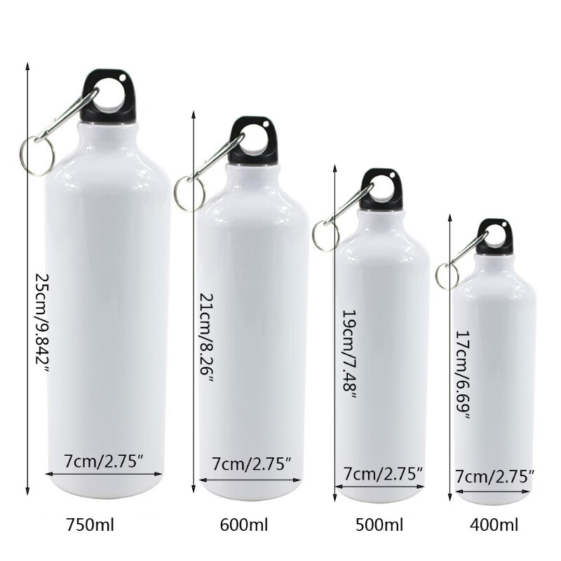 400/500/600/750ml Weiße Leere Sublimation Wasser Flasche mit Schraube Karabiner Haken Aluminium draussen Sport dicht für