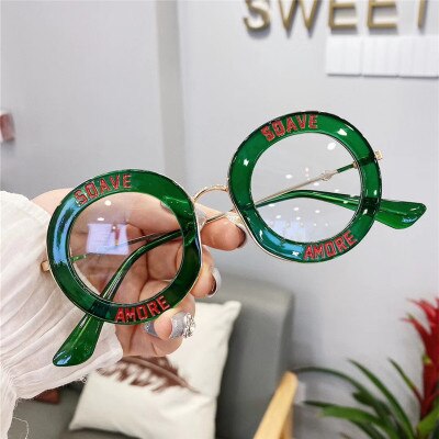 Nuevas gafas redondas transparentes Galsses para mujer, montura de Metal a la para estudiantes, gafas ópticas con letras de personalidad a rayas, gafas informales de gran tamaño: Green