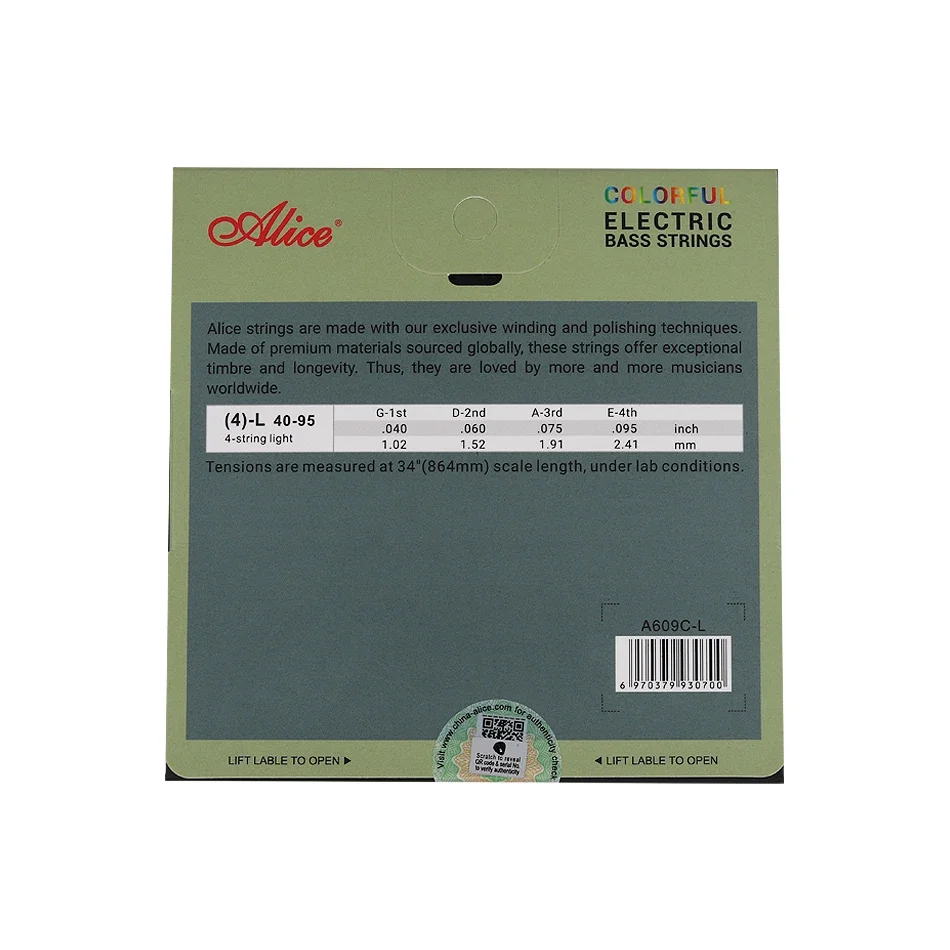 Alice A609C Bunte beschichtete E-Bass-Saiten aus Kupferlegierung, sechseckiger Kern aus Kohlenstoffstahl, 4-Saiter, leicht, 40–95