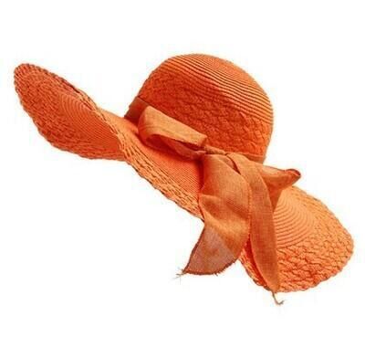 Sommarhatt dam stråhatt med stor brätte solfloppig bred brätte hattar pilbåge hopfällbar strandmössa gorros mujer verano: Orange