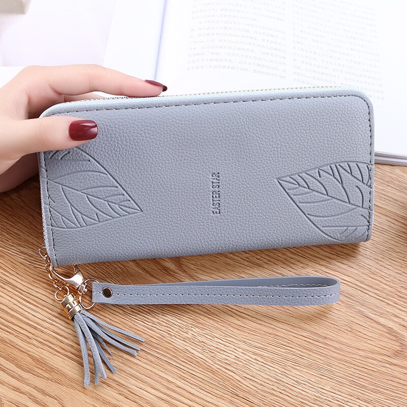 Portafogli e portamonete da donna portafoglio in pelle PU polsino femminile stampa foglia borsa lunga da donna borsa grande capacità portafoglio donna: Blue