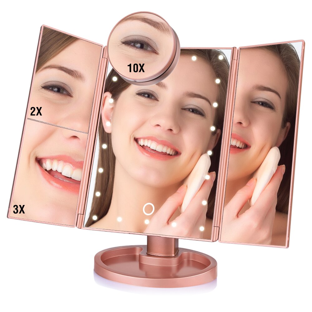 Adjustable 1X 10X Magnifier LED Light Makeup Mirror Touch Screen Desktop Countertop Bright USB Cable Battery Use Beauty Mirror: 3 Folding rose gold