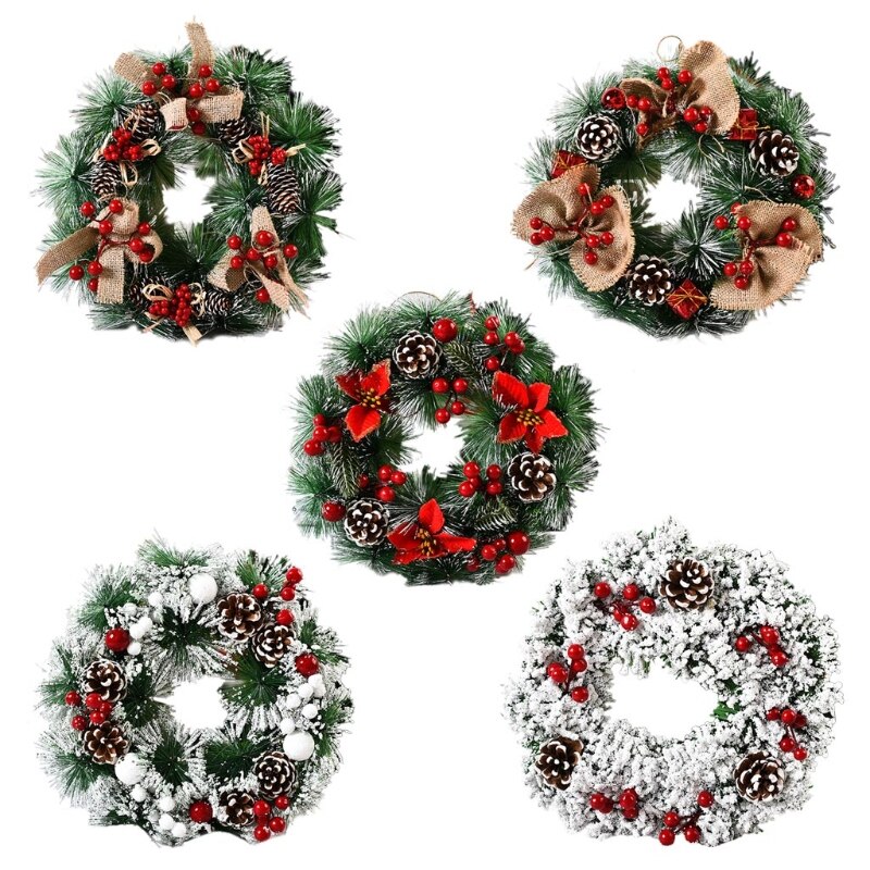 Guirnalda navideña de piñas artificiales, decoración de frutas rojas, ornamento para árbol de pared, puerta delantera colgante