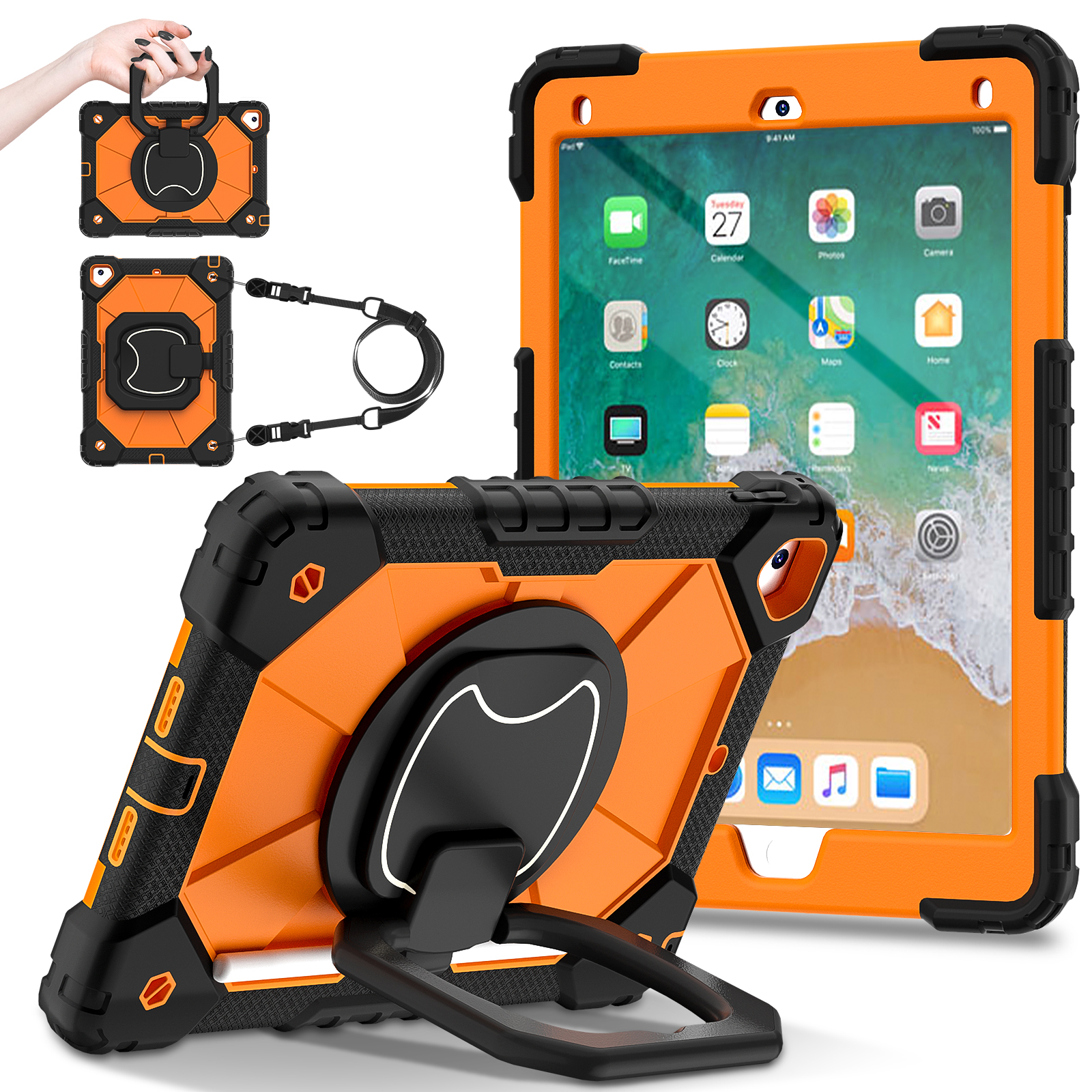 Roterande kraftigt fodral för ipad 5 6 7 air 1 2 pro 9.7 5th 6th gen stativskydd med handtag och axelrem