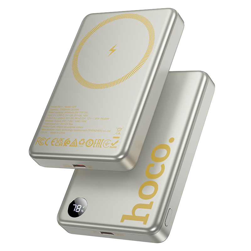 HOCO 10000Mah PD20W Magnetic Wireless Charging Power Bank For iPhone 16/15 Pro Max USB C PD Emergency Battery with LED Display: Gold