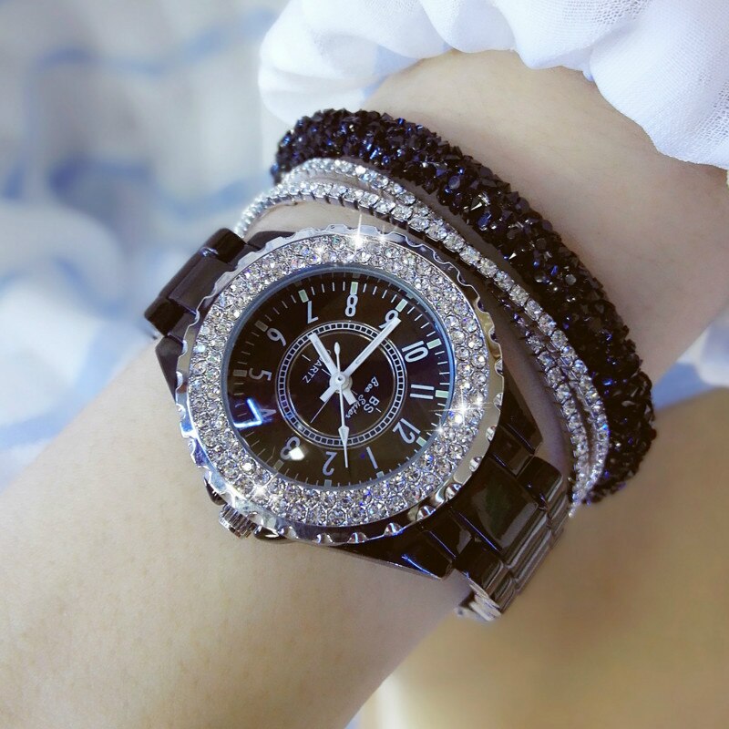 BS Luxury Ceramic Women Watch Crystal White Ladies Quartz Wristwatches Women Watches Ladies Wrist watches Female Clock