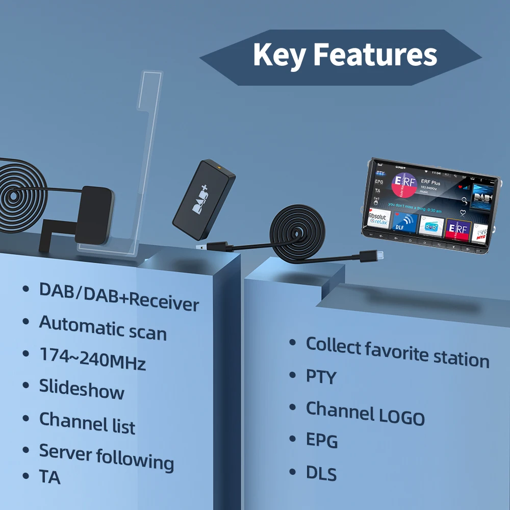Antena DAB + para Radio de coche Android con adaptador USB, reproductor receptor DAB estéreo GPS, escaneo automático, compatible con logotipo de lista de canales