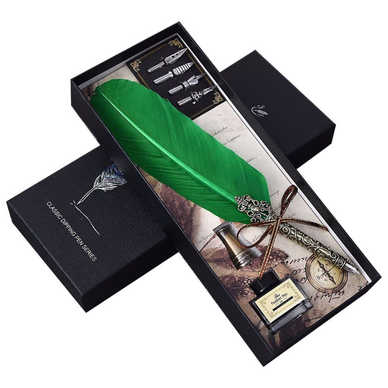 Vintage Handmade Feather Quill Dip Fountain Pen with Ink Nibs English Calligraphy Writing Stationery Wedding 831D