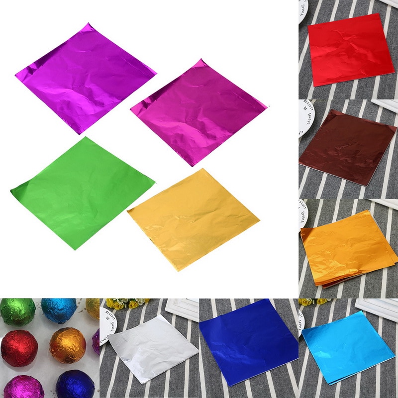 Junijour 100 st 8 x 8cm självmat aluminiumfolie papper choklad godis förpackning 10 färger fest födelsedag omslag folie pappersklistermärke