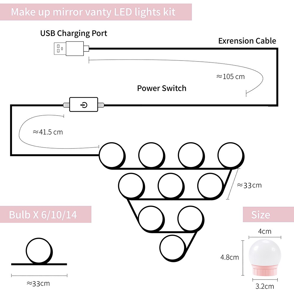 5V Make Spiegel Vanity Gloeilamp Led Cosmetische Lichten Usb Dimbare Make Lamp 2 6 10 14 Lampen Dressing tafellamp Voor Badkamer