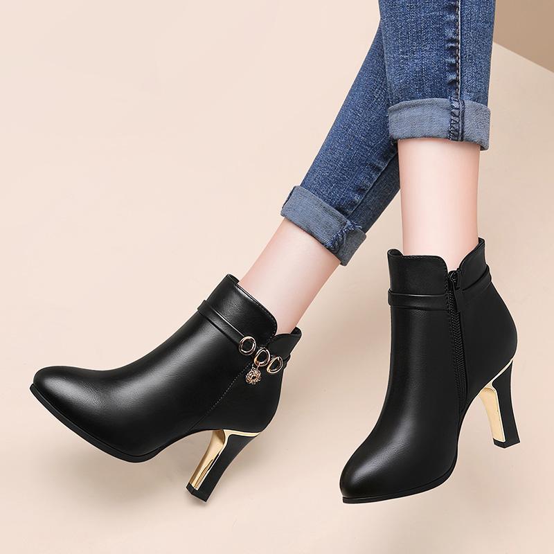 High Heels Ankle Boots Woman Dress Shoes Pointed Toe Booties Thin Heels Pumps Black Crystal Metal Warm Plush Ladies Shoes 8496N: 38