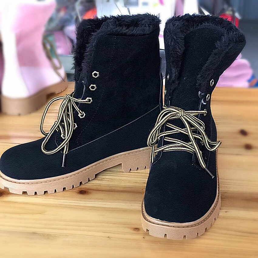 Vinter snøstøvler kvinner snører tykk pels varme vinterstøvler kvinnelige sko ankelstøvletter: Svart / 42