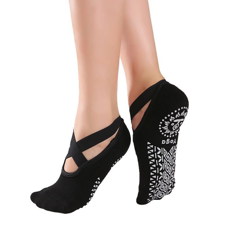 Women Bandage Yoga Socks Anti-Slip Quick-Dry Damping Pilates Ballet Socks Good Grip Women Cotton Socks Fitness Gym: Black