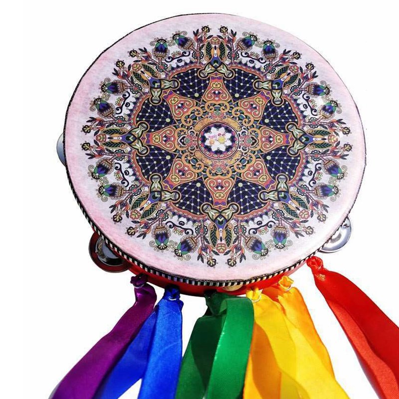 Tambour à main avec ruban, décoration de glands colorés pour la danse folklorique, 20CM, Style chinois, caractéristique, cloche, Percussion, Instrument de musique,