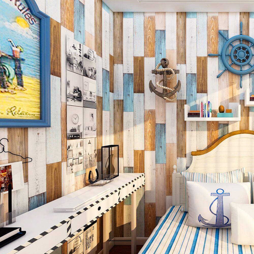 Papel tapiz de vinilo autoadhesivo para decoración del hogar, 3D tablón de madera, color marrón/Blanco/azul, para pared de habitación y ducha