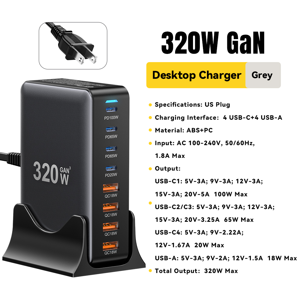 Essager 320W GaN Multi-function Charger USB Type C Desktop Charging Station PD 100W Fast Charging For iPhone iPad Mac Book Lapto: US